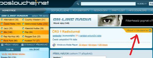 kliknout na přidat k oblíbeným v detailu rádia